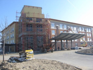 A red and black picture of a building